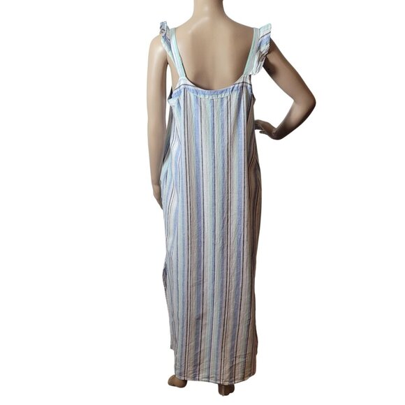 VINCE CAMUTO LINEN STRIPED RUFFLE STRAP DRESS SLEEVELESS MIDI AQUA ICE  Pockets - Picture 11 of 12